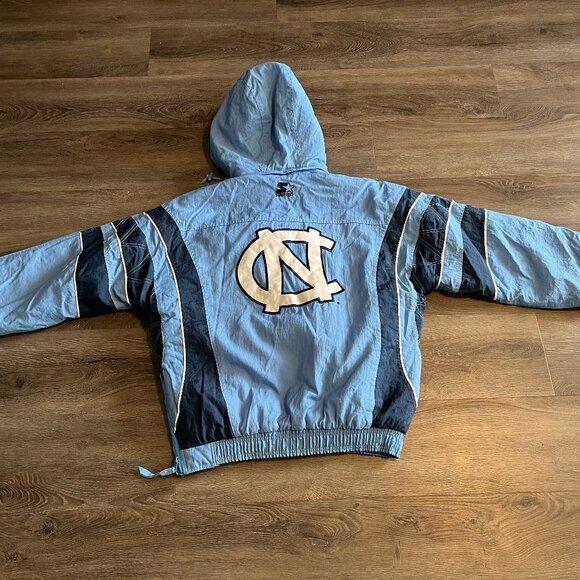 Vintage Starter North Carolina UNC Tar Heels Puffer Jacket Blue Mens L Hooded - Picture 4 of 5